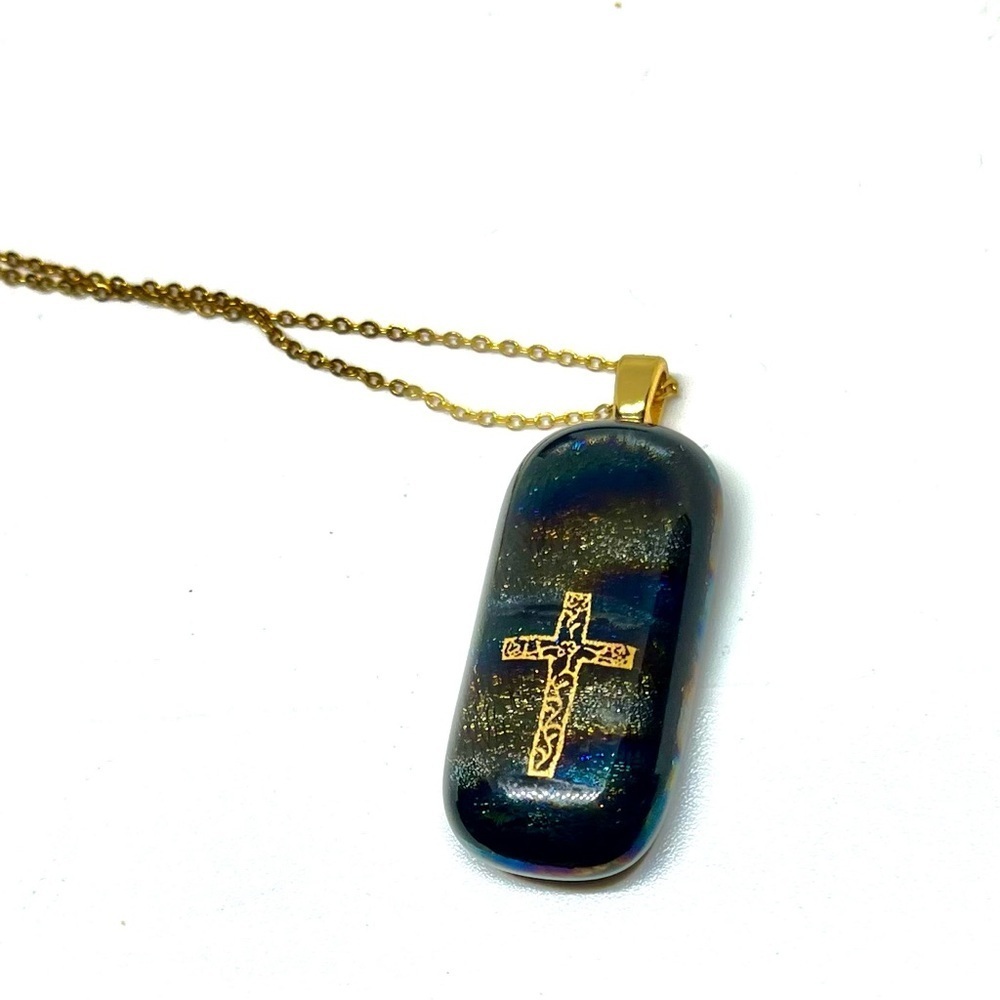 Dichoric Glass Cross Pendant on Chain